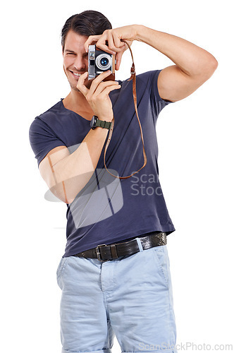 Image of Portrait, photographer and happy man with retro camera for isolated on white studio background. Creative, paparazzi and smile of cameraman with vintage lens for hobby, photoshoot or taking pictures