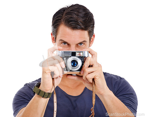 Image of Portrait, photograph and man with camera, freelancer and model isolated on white studio background. Face, person and guy with equipment and vintage with retro and photoshoot with memory and hobby