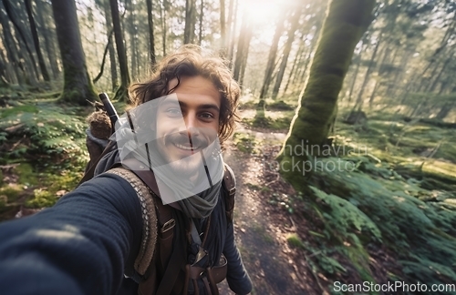 Image of Capturing the essence of his woodland adventure, a hiker snaps a selfie amidst the lush forest trails, blending nature and self-expression seamlessly.Generated image