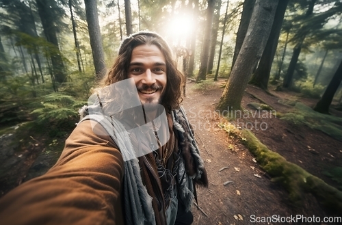 Image of Capturing the essence of his woodland adventure, a hiker snaps a selfie amidst the lush forest trails, blending nature and self-expression seamlessly.Generated image
