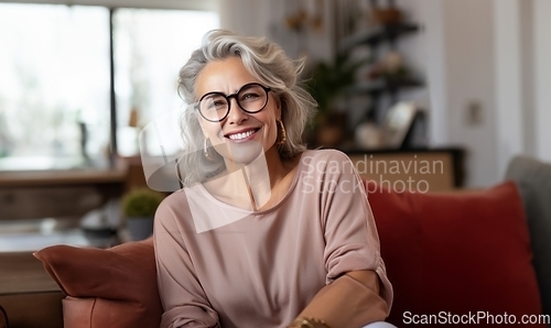 Image of In her sunlit living room, the modern elderly woman exudes sophistication, wearing glasses, creating a chic and cozy atmosphere.