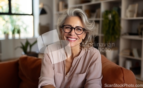 Image of In her sunlit living room, the modern elderly woman exudes sophistication, wearing glasses, creating a chic and cozy atmosphere.