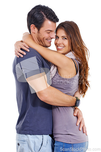 Image of Portrait, happy or couple hug in studio for love, romance or care for commitment to marriage isolated on white background. Smile, man and woman embrace for connection, support or healthy relationship