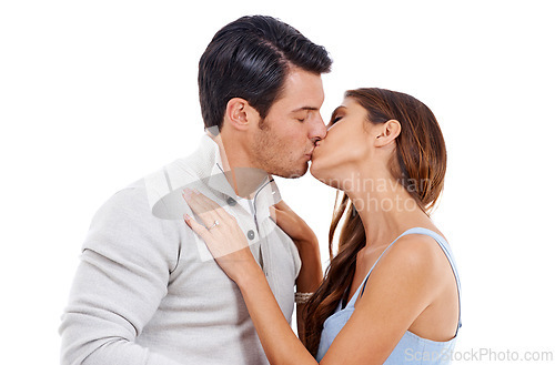 Image of Couple, kiss for love and commitment in studio, affection in relationship for bonding and care on white background. Romance, support and trust with partner, people and connection with sweet moment