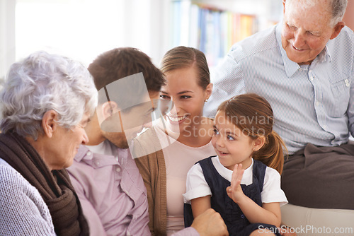 Image of Parents, grandparents and little girl with happiness on sofa with counting age, bonding and healthy development. Family, men and women or child on couch with smile, confidence and number game in home