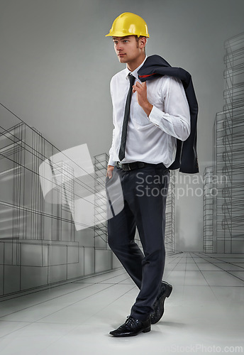 Image of Man, engineer and architecture drawing of building for blueprint project planning, construction or cityscape. Person, professional and walking or renovation with helmet, illustration or skyscraper