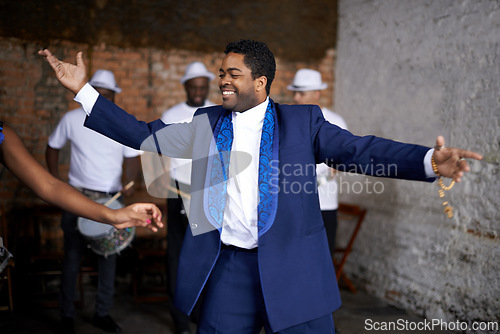 Image of Dance, man and preacher with band at stage, music and smile at celebration event. Christian, worship and concert for religion, praise or spiritual gospel for African pastor at church for performance