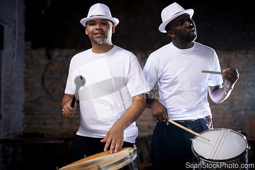 Image of Portrait, drums and band at music performance for culture, heritage or tradition in Rio de Janeiro. Art, creative and samba with drummer black men playing instrument outdoor for street carnival