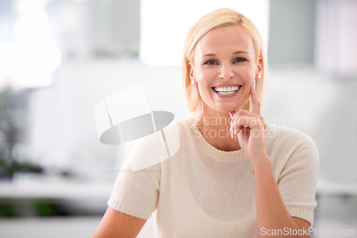 Image of Laugh, office and portrait of woman with confidence, ambition and career opportunity at startup. Proud, happy or professional businesswoman with job in project management, development or consulting.