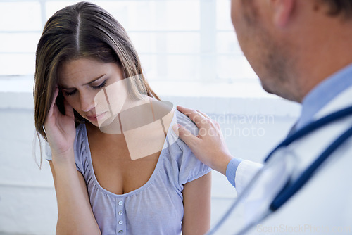 Image of Woman, doctor and sad or consultation diagnosis for concern or healthcare treatment, examination or bad news. Patient, medical worker and sympathy support at clinic or care advice, disease or comfort