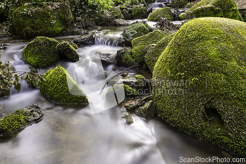 Image of mountain stream flowing through mossy rocks