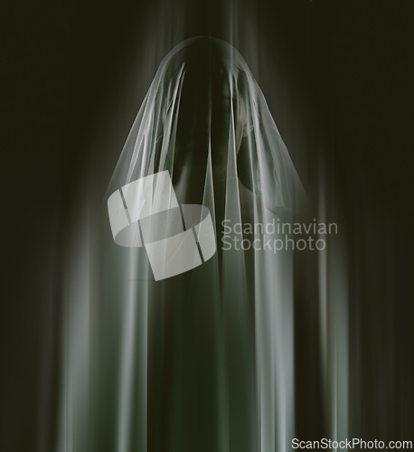 Image of Veil, woman and shadow for ghost, horror and supernatural with scary silhouette on black background. Surreal, dark and person for monster, paranormal and terror for superstition on halloween