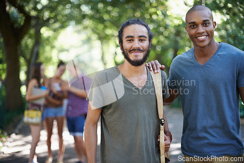 Image of Students, friends and portrait on campus for learning, knowledge and education with support at college. Happy young men or people in diversity for study, opportunity and outdoor at park or university