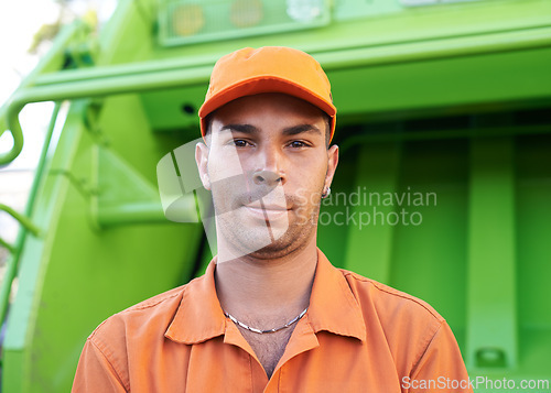 Image of Municipal, worker and garbage truck portrait, waste management for green energy in protective uniform. Sanitation, employee and environmental service for cleaning city and recycling in trash vehicle