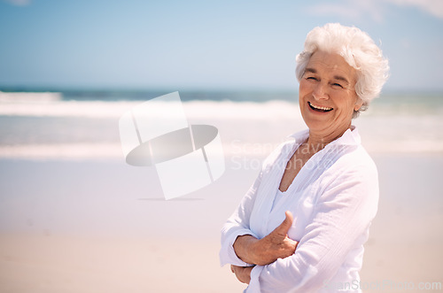Image of Old woman, portrait and beach relax or travel holiday on vacation or retirement relaxing, summer or journey. Female person, face and Florida seaside as senior citizen or ocean, mockup or peace