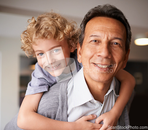 Image of Portrait, senior citizen and boy with smile, piggyback and bonding together in multiracial family. Happy, retired male person or young kid for sweet, hug and embrace with love, cheer and care at home