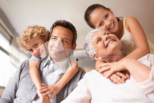 Image of Portrait, grandparents and grandchildren with smile for family, photo and multi generation bonding. Senior couple, boy and girl with hug, love and happiness for playful relationship together at home