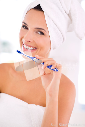 Image of Portrait, woman and brushing teeth with toothbrush for whitening, dental health and oral hygiene. Smile, female person and care for healthy, mouth and fresh breath with brushes and cleaning at home