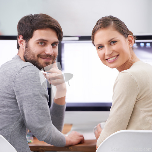 Image of Coworking, portrait and business people with a smile from web design work with computer. Happy, employee and tech in a office with collaboration and teamwork together at a startup company at desk