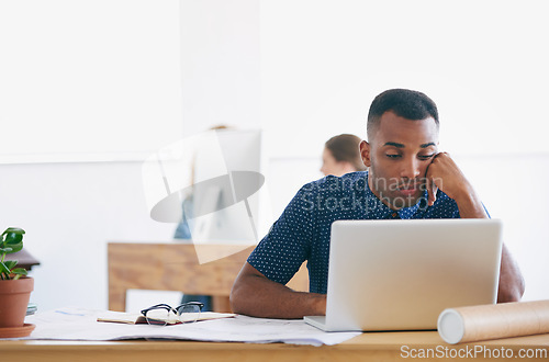 Image of African, businessman and laptop with office, bored and tired with work. Architect, technology and paperwork with computer, fatigue and startup or small business with plans for entrepreneurship