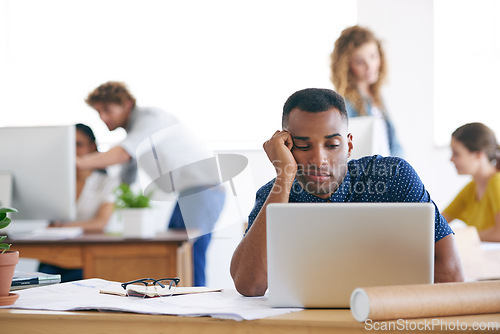 Image of African, architect and laptop with office, tired and stress with work. Businessman, technology and paperwork with computer, fatigue and startup or small business with plans for entrepreneurship