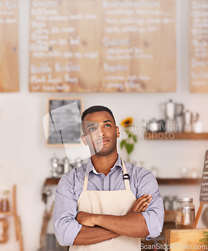 Image of Cafe shop, black person and entrepreneur thinking of small business as barista, professional and owner. Man, standing and thoughtful of idea for startup of store in food industry of Cape Town