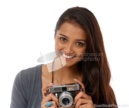 Image of Camera, portrait and happy woman in studio for creative photoshoot, memory or capture on what background. Lens, career and face of student journalist with equipment for paparazzi, news or reporting