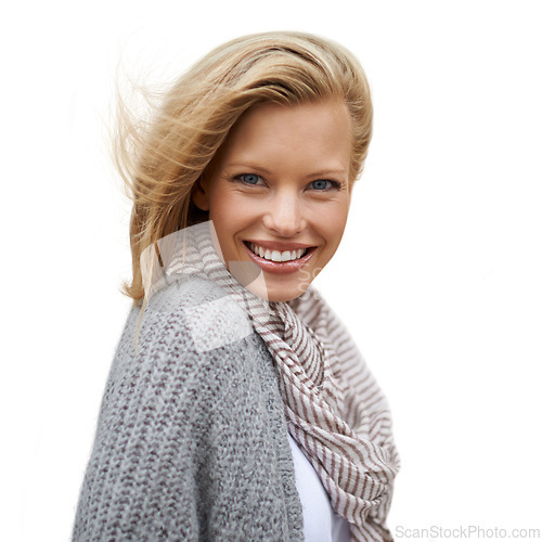 Image of Autumn, fashion and portrait of happy woman in studio, white background or mock up space. Casual, style and girl with a smile and positive attitude in cardigan, jersey and scarf to relax in Amsterdam