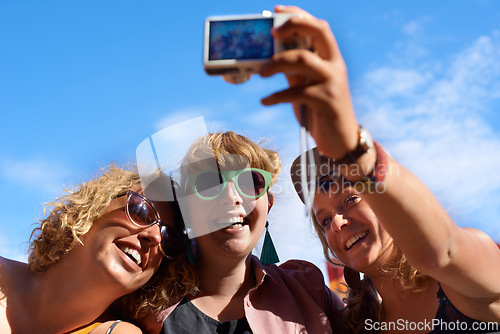 Image of Friends, group and selfie outdoor for festival, photography and digital camera for portrait. Music, people and blue sky in summer, together and happy with culture of music in carnival and smile