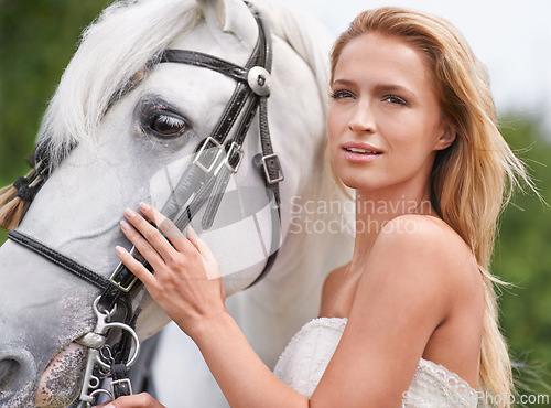 Image of Bride, summer and horse with face, outdoors and smile for nature, connection and celebration. Woman, animal and uk countryside for wedding, love and elegance with field, meadow and equestrian