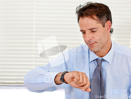 Image of Businessman, watch and late for office job and appointment or schedule at looking serious. Time, alarm and male person checking calendar for control of clock with anxiety for career compliance