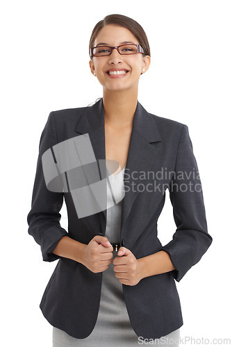 Image of Portrait, smile and glasses with business woman in studio isolated on white background for career. Job, profession or work and happy young administration employee in corporate suit for style