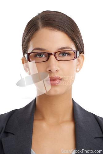 Image of Business woman in portrait, glasses and professional vision with eye care, wellness and optometry for investigative journalist. Prescription lens, frame and headshot of reporter on white background