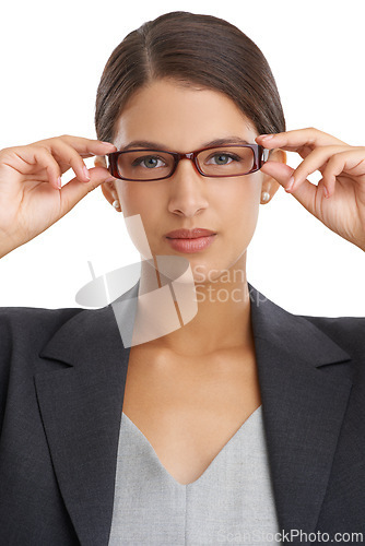 Image of Corporate, woman in glasses and professional vision with eye care, wellness and optometry for investigative journalist. Prescription lens, frame and portrait in studio of reporter on white background