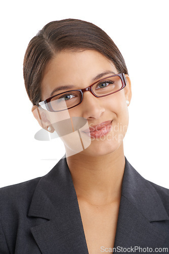 Image of Business woman, glasses and professional vision with eye care, wellness and optometry for investigative journalist. Prescription lens, frame and portrait with headshot of reporter on white background