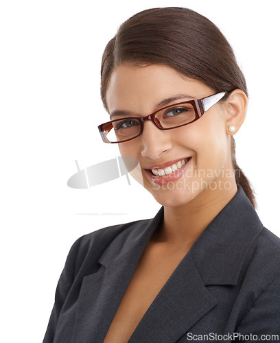 Image of Woman, smile in portrait and glasses with business vision for eye care, investigative journalist and optometry. Prescription lens, frame and headshot of professional reporter on white background