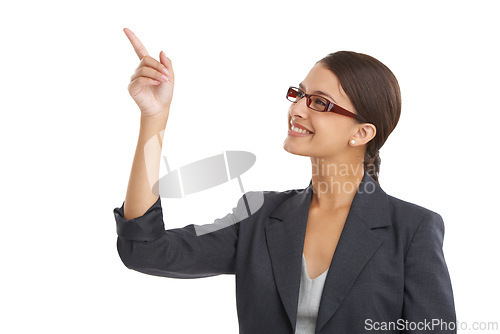 Image of Face, smile and pointing with business woman in studio isolated on white background for planning. Future, vision and glasses with hand gesture of happy young employee in suit for corporate career