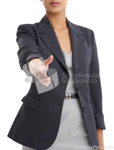Image of Woman, handshake and partnership with business offer in studio, welcome or intro for hiring on white background. Corporate recruitment, meeting and shaking hands for collaboration with thank you