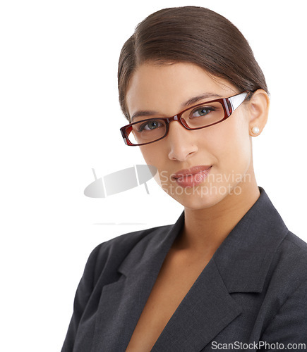 Image of Business woman in portrait, glasses and vision with eye care, wellness and optometry for investigative journalist. Prescription lens, frame and headshot of professional reporter on white background