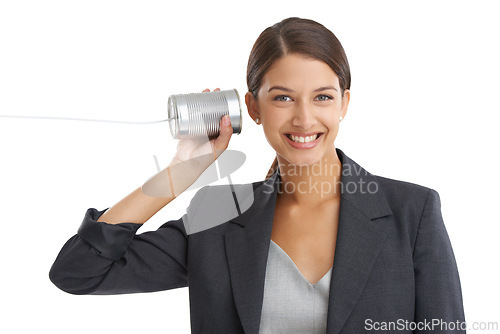 Image of Portrait, woman listen to her tin can telephone and business with employee isolated on a white studio background. Face, person and consultant with a toy or playing with fun and communication with joy