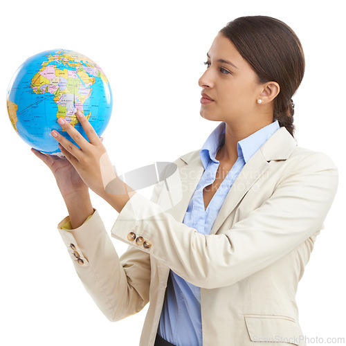 Image of Globe, logistics shipping and business with woman, employee and consultant isolated on a white studio background. Person, global trade and entrepreneur with a map and earth with planning and planet