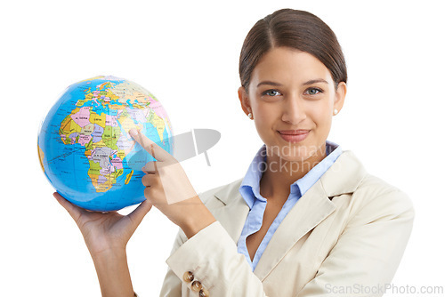 Image of Portrait, map and woman with pointing, global and employee isolated on white studio background. Face, person and consultant with planet or earth with teacher and geography with education or knowledge