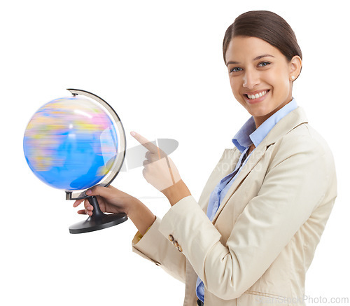 Image of Portrait, planet or woman with a globe, pointing or employee isolated on white studio background. Face, person or consultant with map or earth with teacher or geography with knowledge or eco friendly