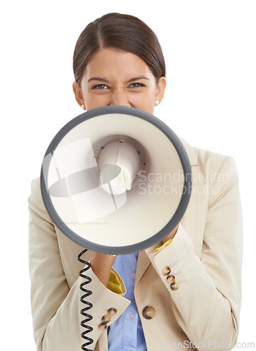 Image of Megaphone, shout and portrait of business woman on white background for news, broadcast and information. Announcement, communication and person with bullhorn for speech, voice and attention in studio