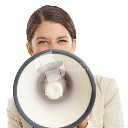 Image of Megaphone, speech and portrait of business woman in studio for news, announcement and information. White background, communication and person with bullhorn for voice, broadcast or attention in studio