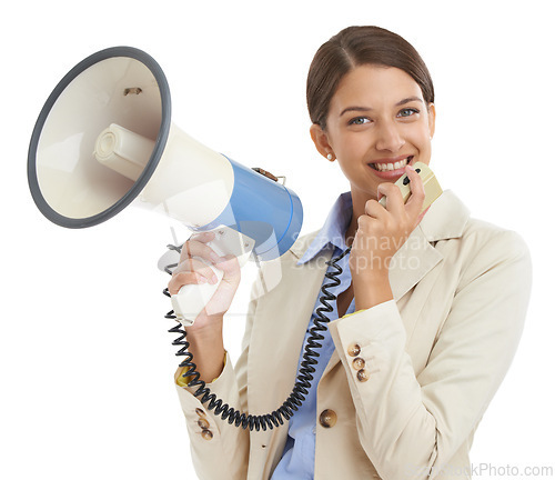 Image of Megaphone, white background and portrait of professional woman for news, announcement and information. Business, communication and person with bullhorn for speech, broadcast and attention in studio