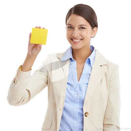 Image of Paper, white background and portrait of business woman for news, information and announcement. Professional, corporate worker and isolated person with sticky notes for writing or planning in studio