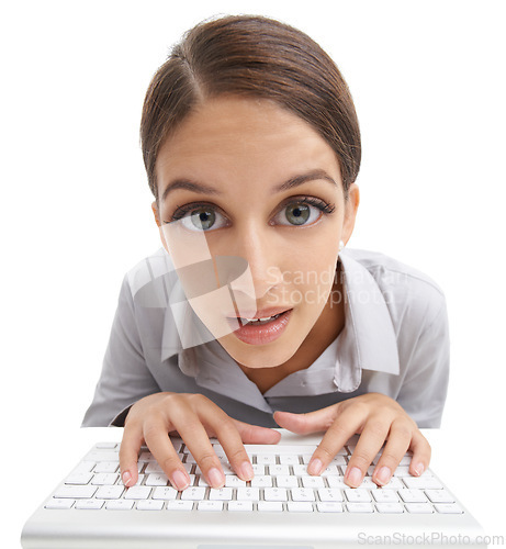 Image of Portrait, business and woman with keyboard, typing and professional isolated on a white studio background. Face, person and employee with thinking and consultant with deadline, worker and schedule