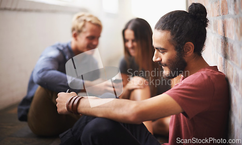 Image of Technology, typing and students in a hallway, university and connection with social media and lunch break. Group, outdoor and friends in a lobby and smartphone and mobile user with meme and contact