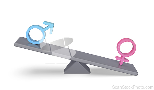 Image of Dominating female over male sign on seesaw